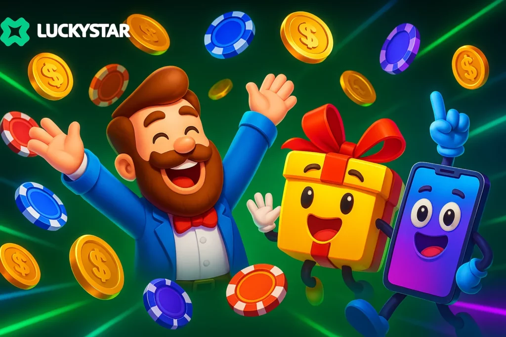Lucky Star Chile app screen with crypto bonus alert, CLP spin wheel, and Aviator mobile challenge