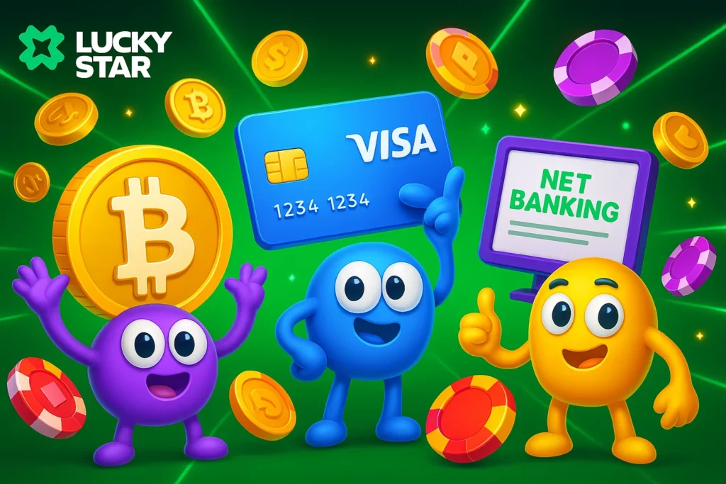 Lucky Star Chile app payment dashboard with Webpay, crypto icons, and CLP wallet interface