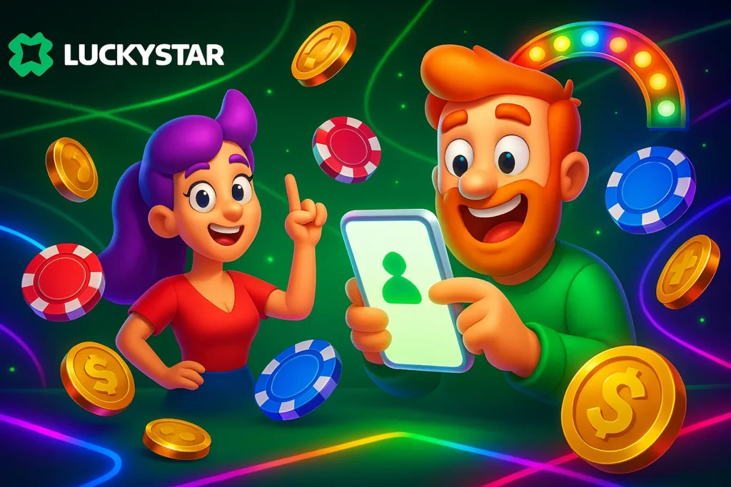 Mobile login screen of Lucky Star Chile app with Spanish buttons, CLP wallet, and fingerprint access