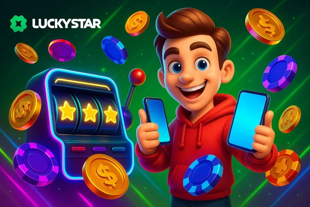 Lucky Star Chile update guide showing version alert, CLP wallet icon, and download APK instruction