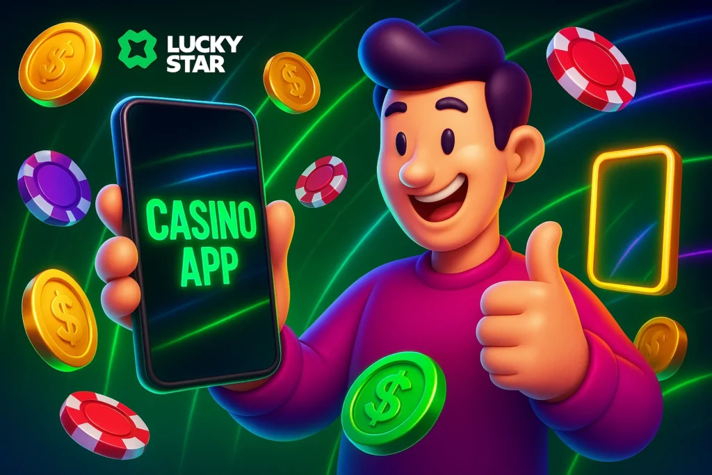 Indian user browsing Lucky Star app homepage with INR bonus banner and UPI wallet access