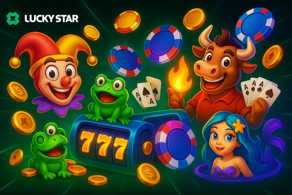Game lobby in Lucky Star India app showing Aviator, Teen Patti, and slot categories with INR balance