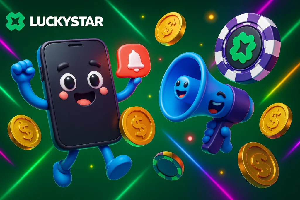 Smartphone with Lucky Star Chile push notification showing CLP free spins and crypto bonus message