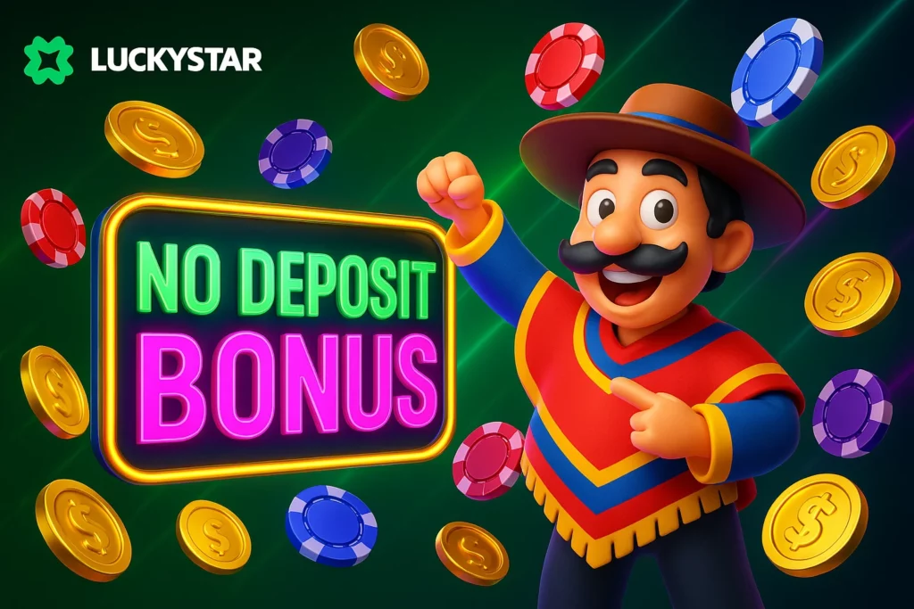 Lucky Star Chile no deposit screen with mobile promo, free spins on slots, and bonus activation form