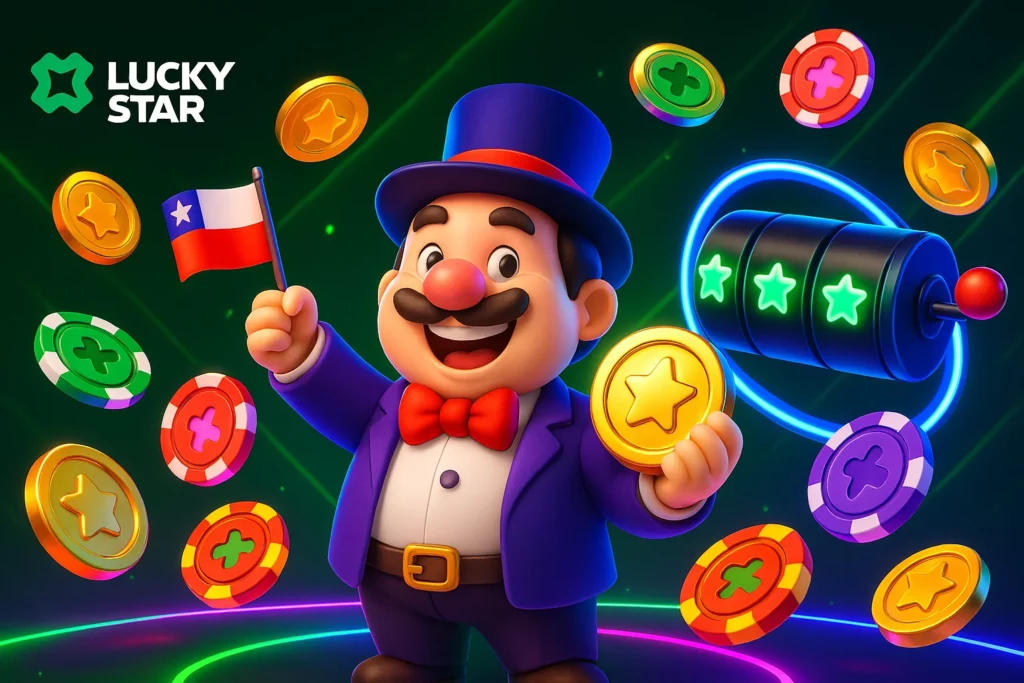 Lucky Star Chile promo dashboard with CLP cashback, crypto bonus popup, and Aviator leaderboard